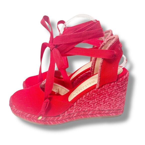 Stuart Weitzman Marguerita Canvas Espadrille Wedge Red Ankle Wrap Sandals Siz 10 - Picture 2 of 13
